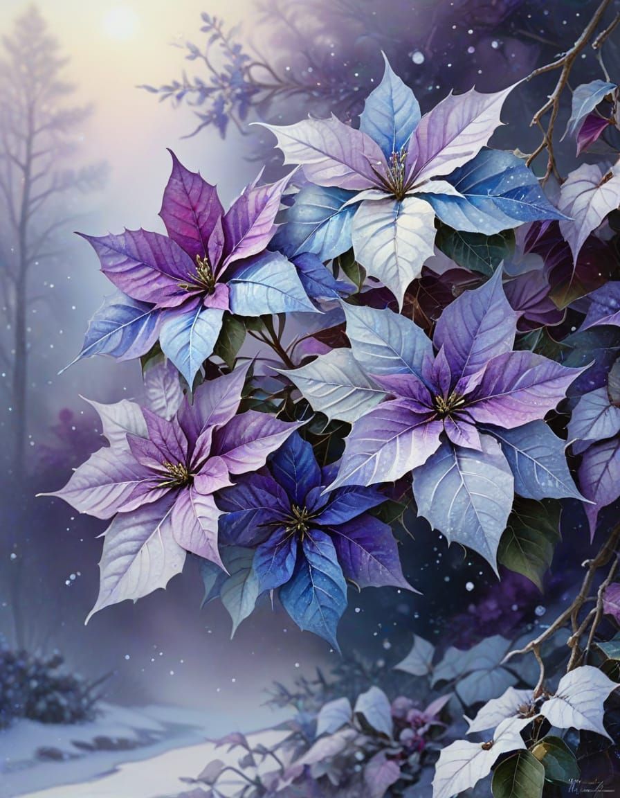 Ethereal Watercolor Poinsettias Frosted with Snow