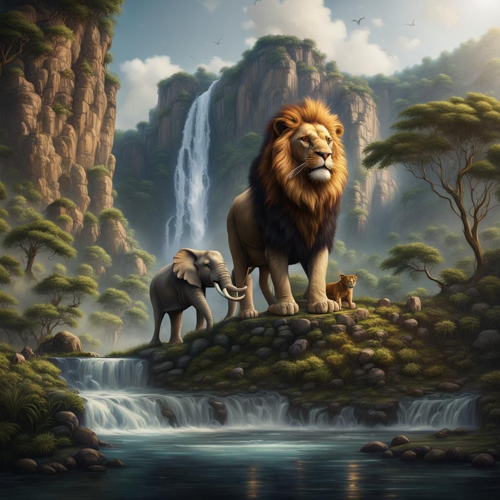 Lion, Elephant, Waterfall in Detailed Matte Painting