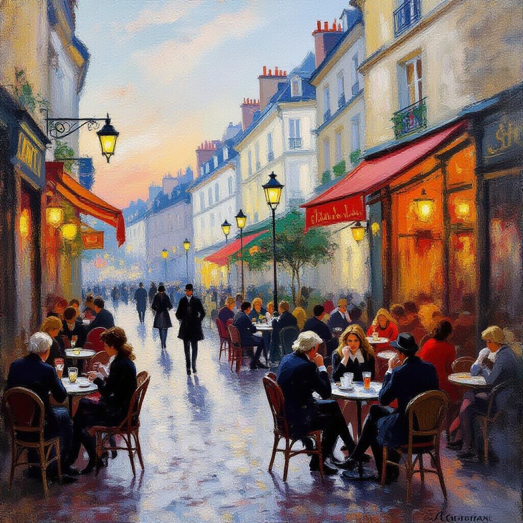 Parisian Cafe at Dusk: Impressionistic City Scene
