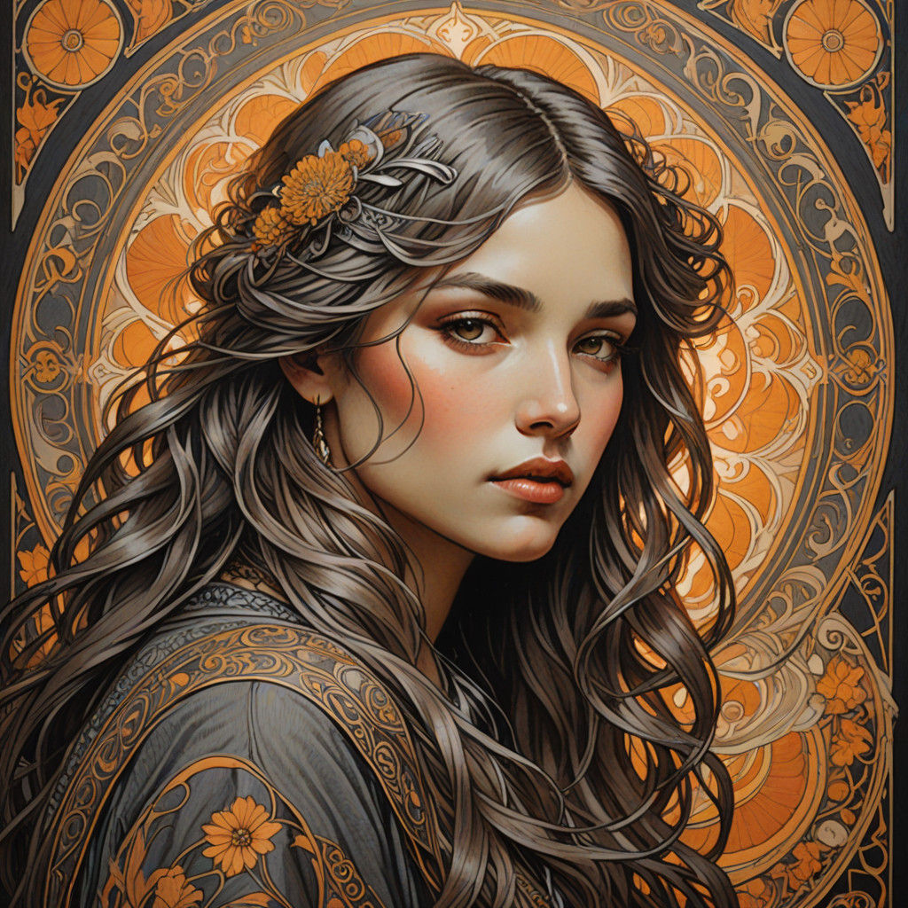 Boho Girl in Opulent Jugendstil Background, in Art Nouveau S...