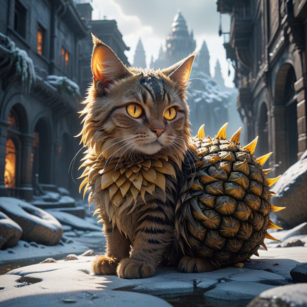 Cosmic Pineapple Cat frolics in Frozen Cityscape