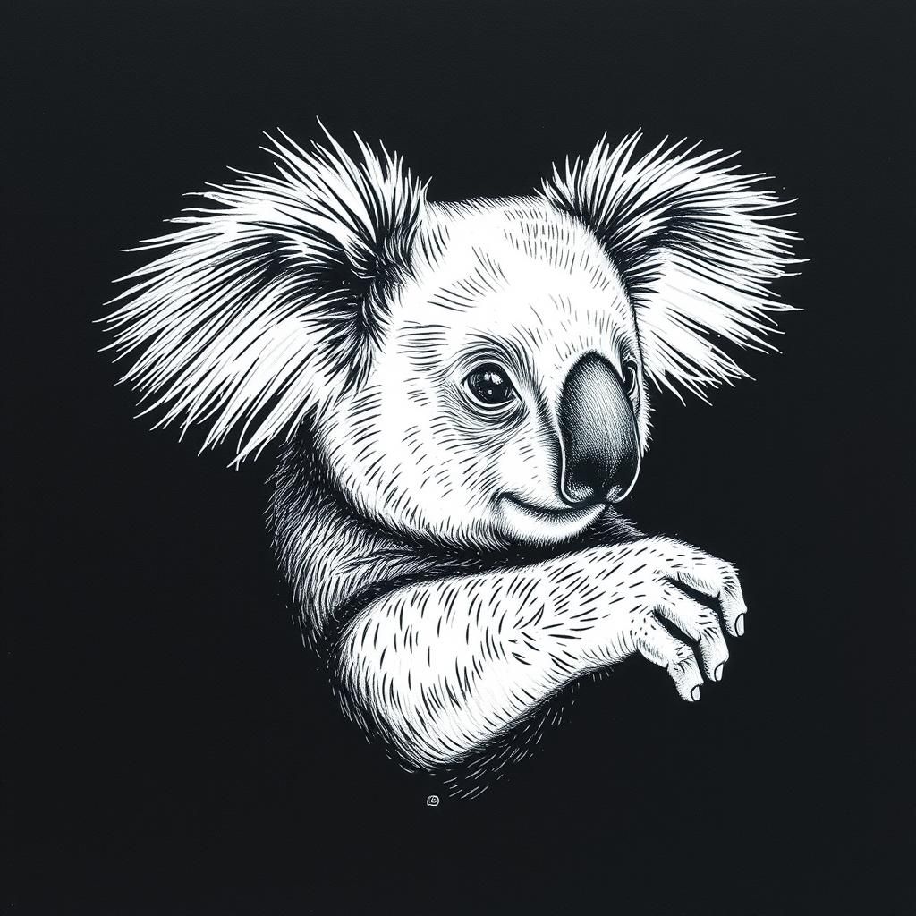 Fine-Lined Scratch Art Portrait of Adorable Koala