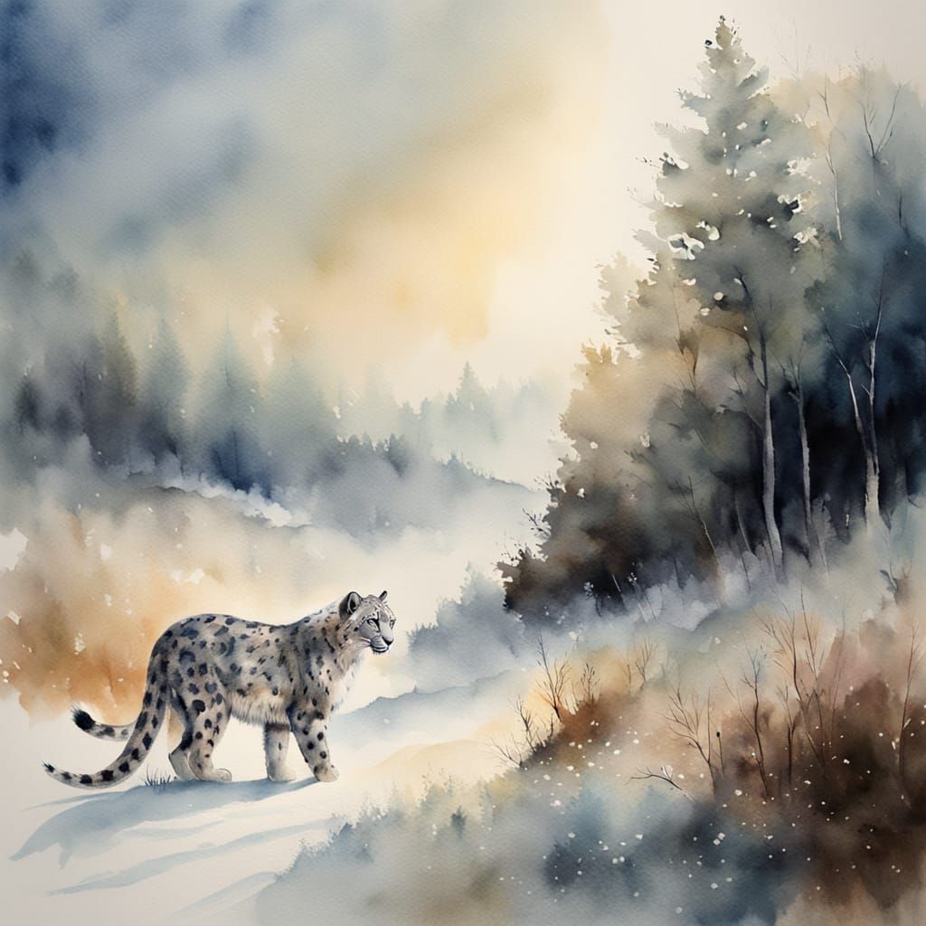 Snow Leopard Amidst Winter Wonderland in Soft Watercolour