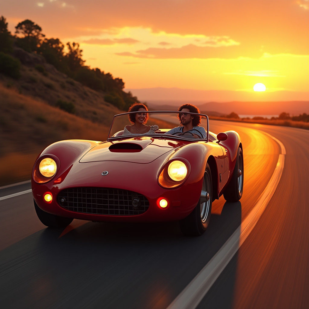 Crimson Sports Car at Sunset in HDR