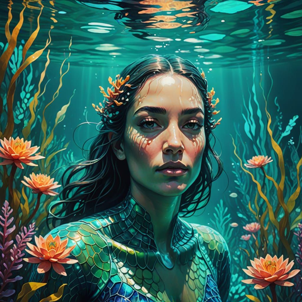 Shimmering Aquatic Woman in Vibrant Fantasy Art