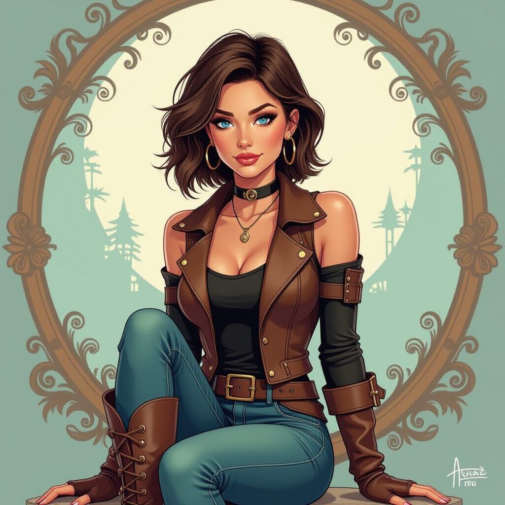 Attractive Woman in Western Style, Detailed Background