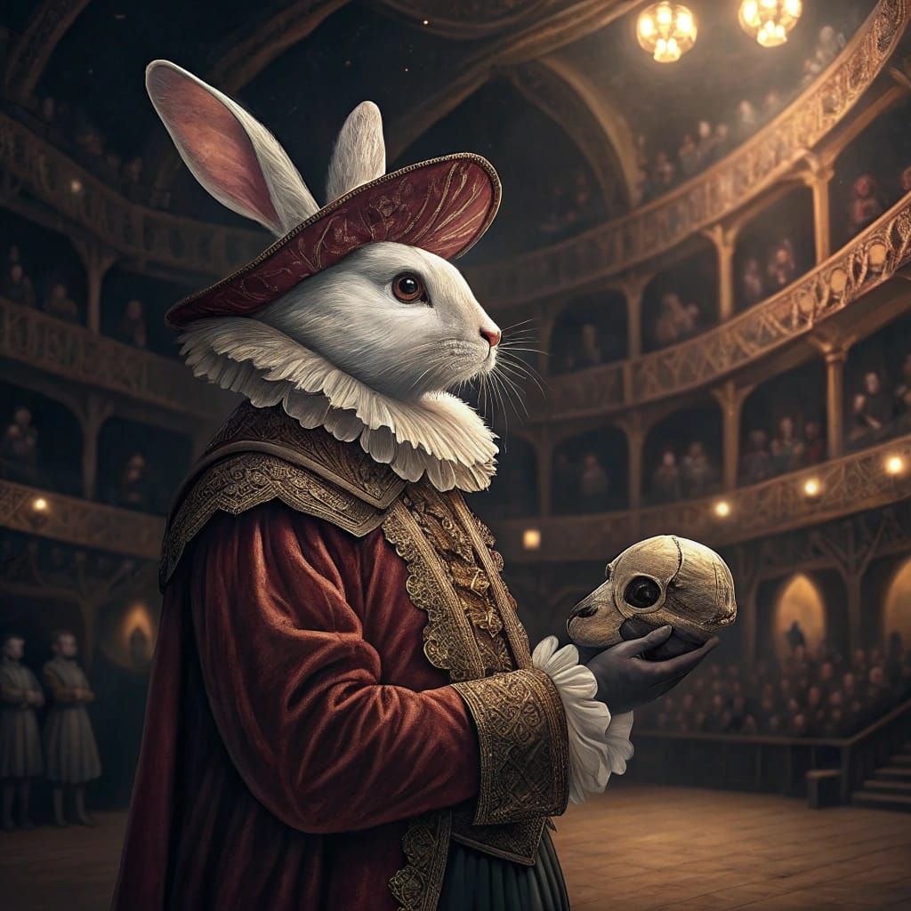 Rabbit in Elizabethan Attire Contemplates at the Globe Theat...