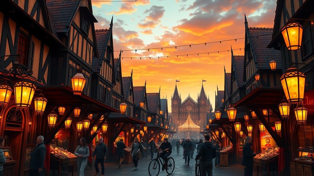 Medieval Marketplace Splendor in Golden Twilight