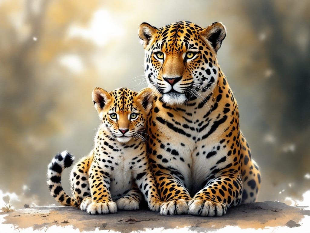 Stylized Jaguar Family Portrait in Resplendent Watercolor
