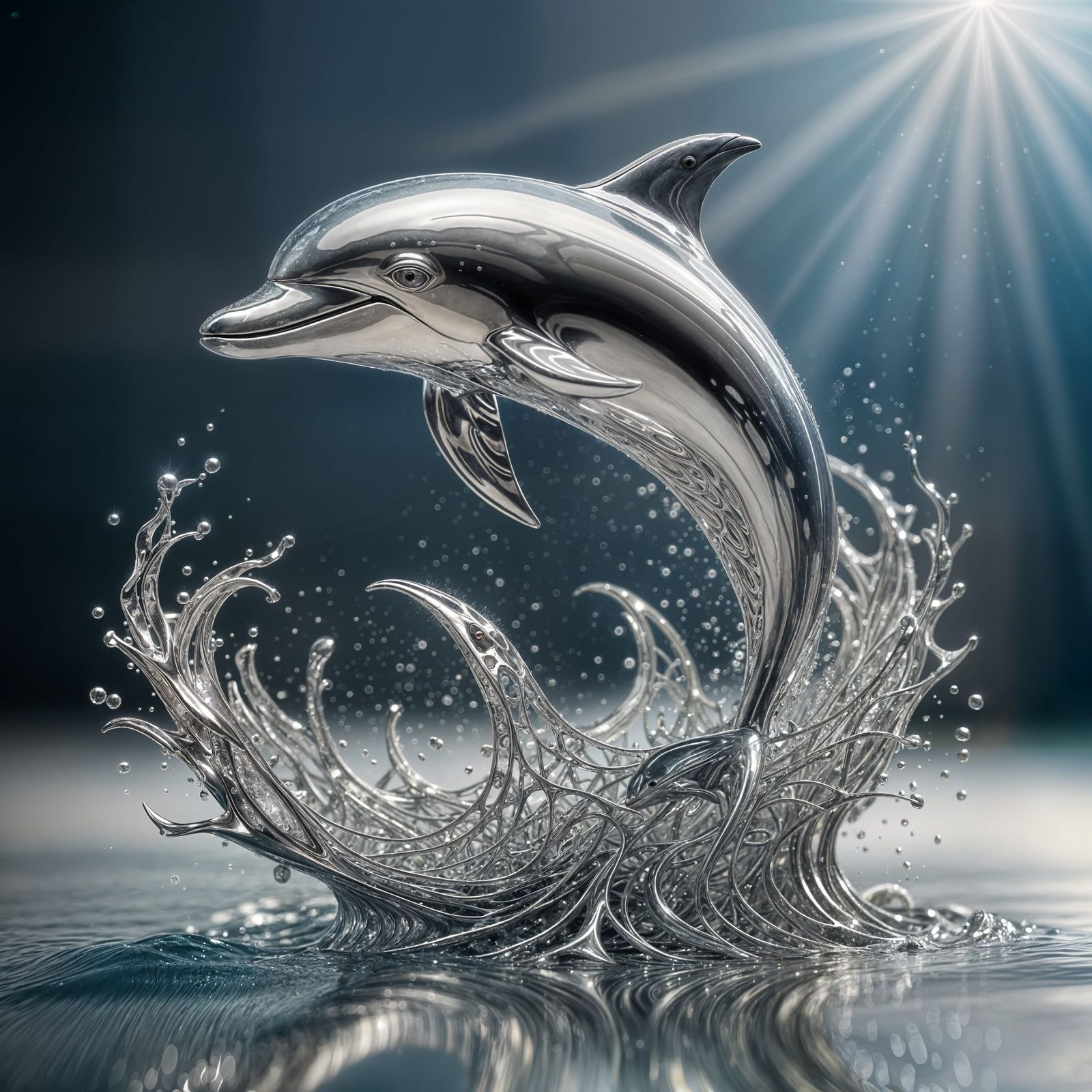 Silver Dolphin Ascending from Ocean Waves in Abstract Fracta...