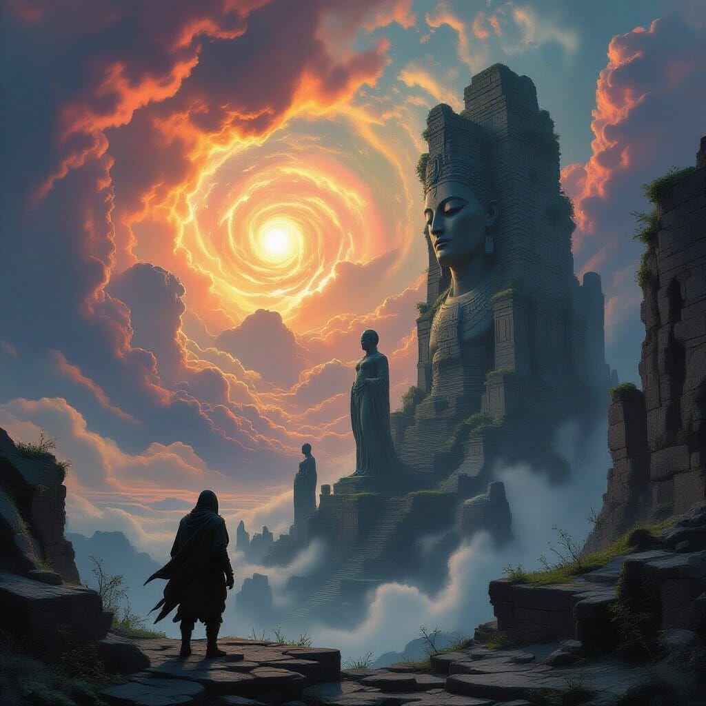 Explorer Overlooks Alien Ruin Under Nebula Sky