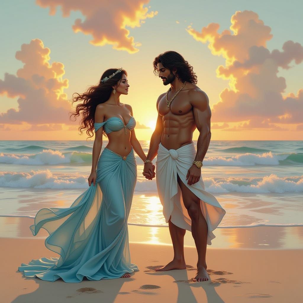 Divine Beach Gods in Marbled Ocean Splash Art