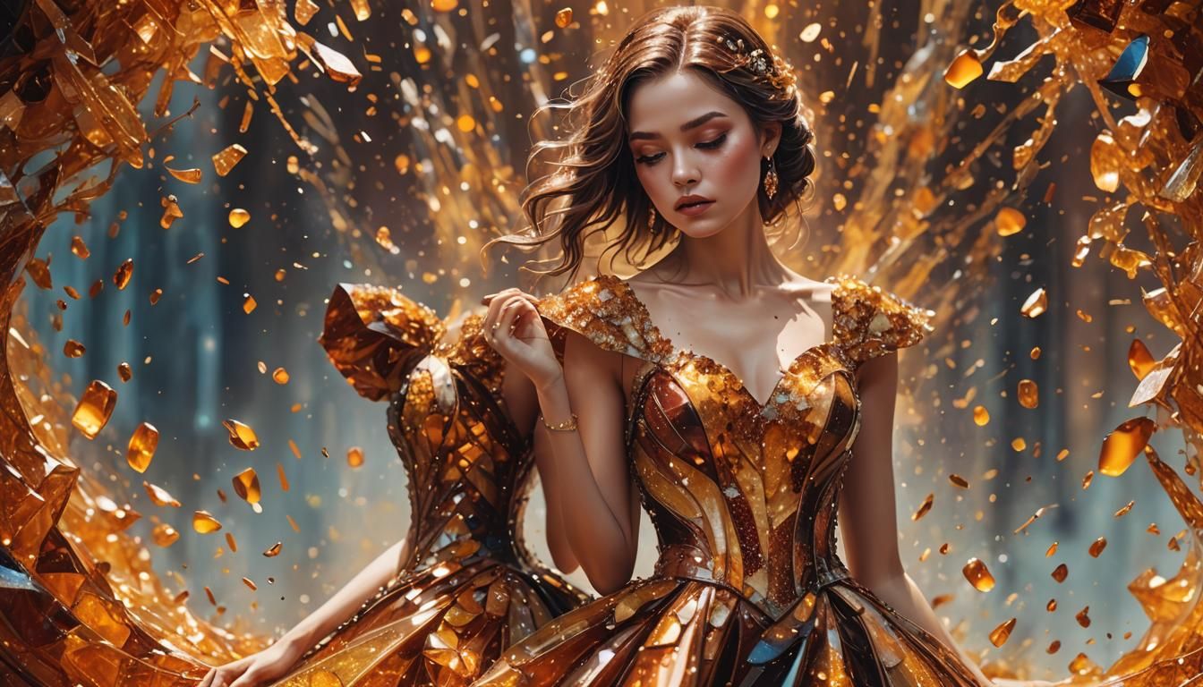 Amber and Glitter Gown: Hyperrealistic Splash Art
