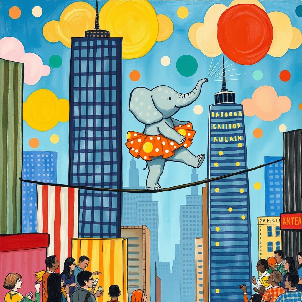 Whimsical Elephant Tightrope Walker in Vibrant Cityscape