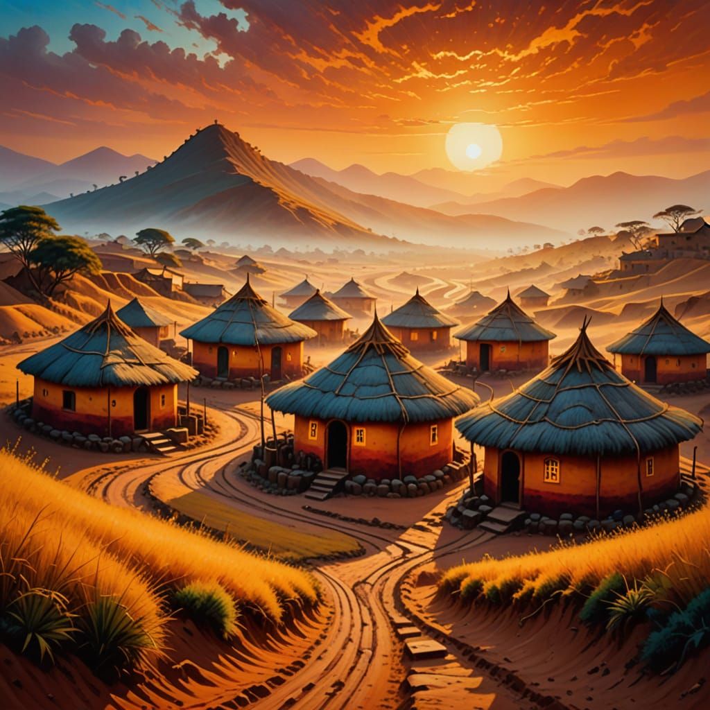 Surreal Village of Doolamara: Vibrant Oil Painting