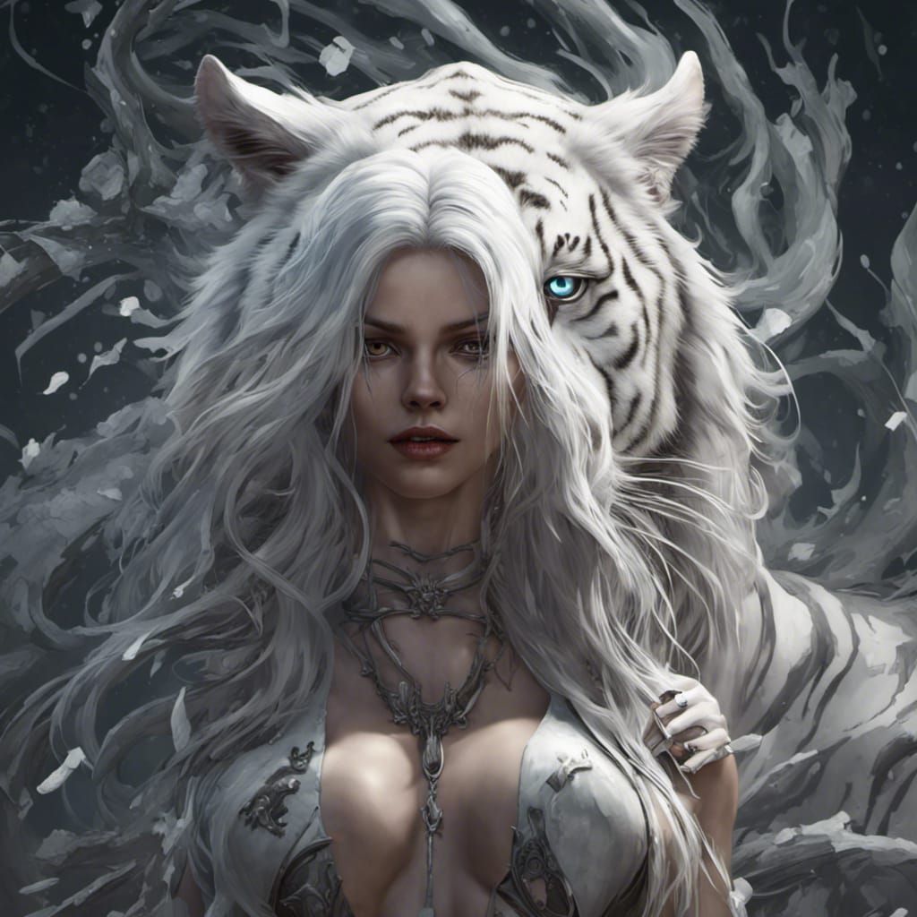 White Tiger and Woman in Dark Fantasy Style