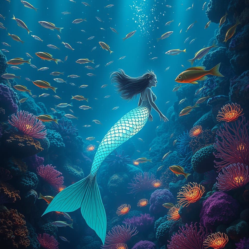 Bioluminescent Mermaid in Surreal Coral Reef Scene