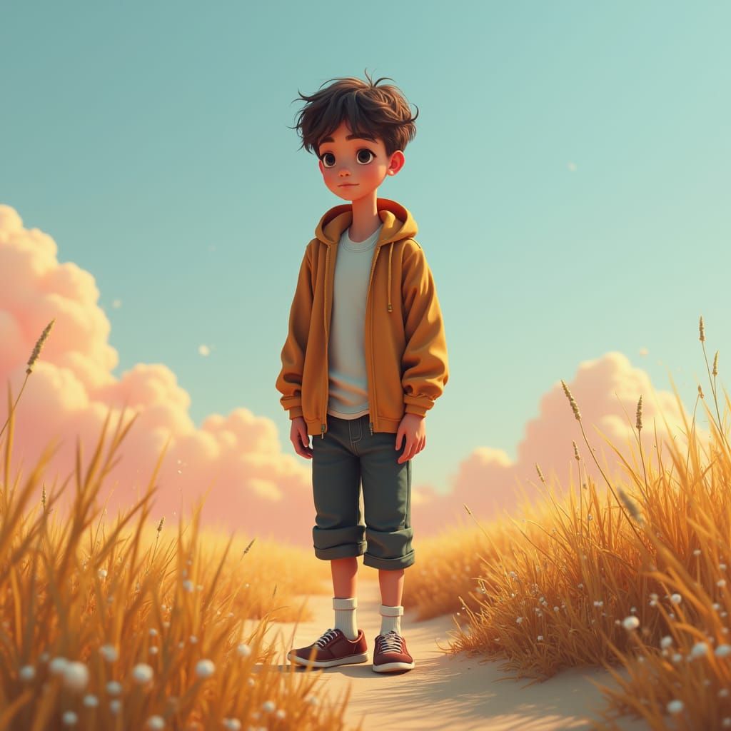 Boy in Serene Landscape, Digital Art