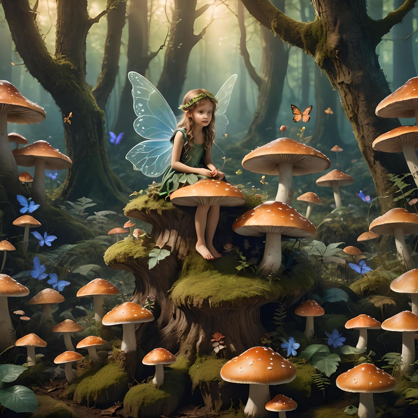 Fairy on Mushroom in Enchanted Forest