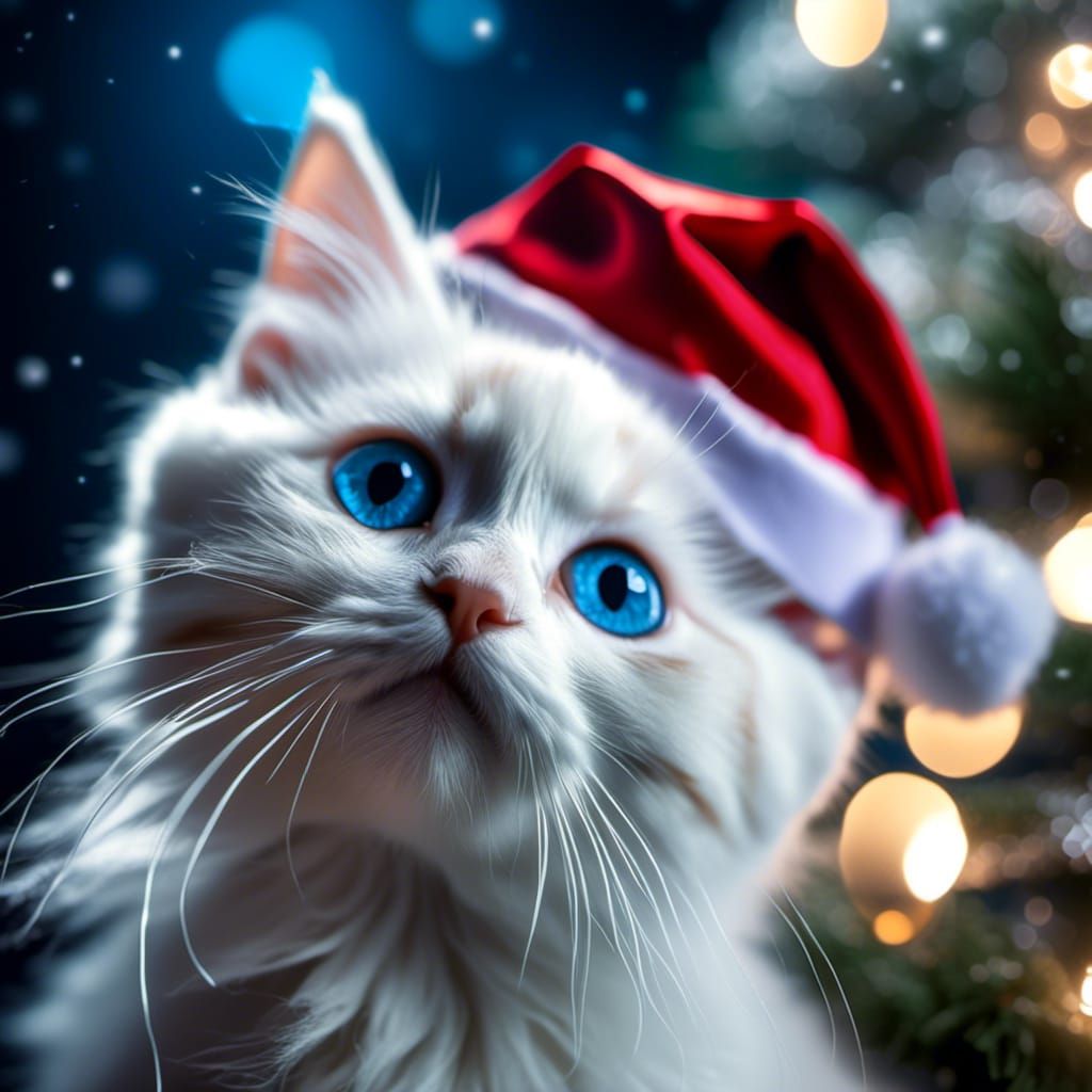 Adorable Kitten with Santa Hat in Magical Forest