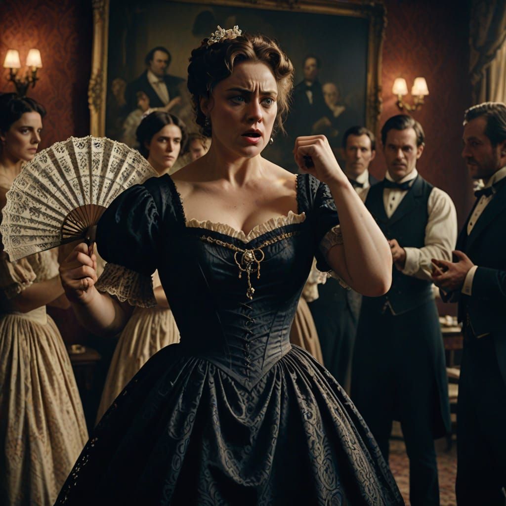 Victorian Lady Flexes Bicep in Cinematic Film Still