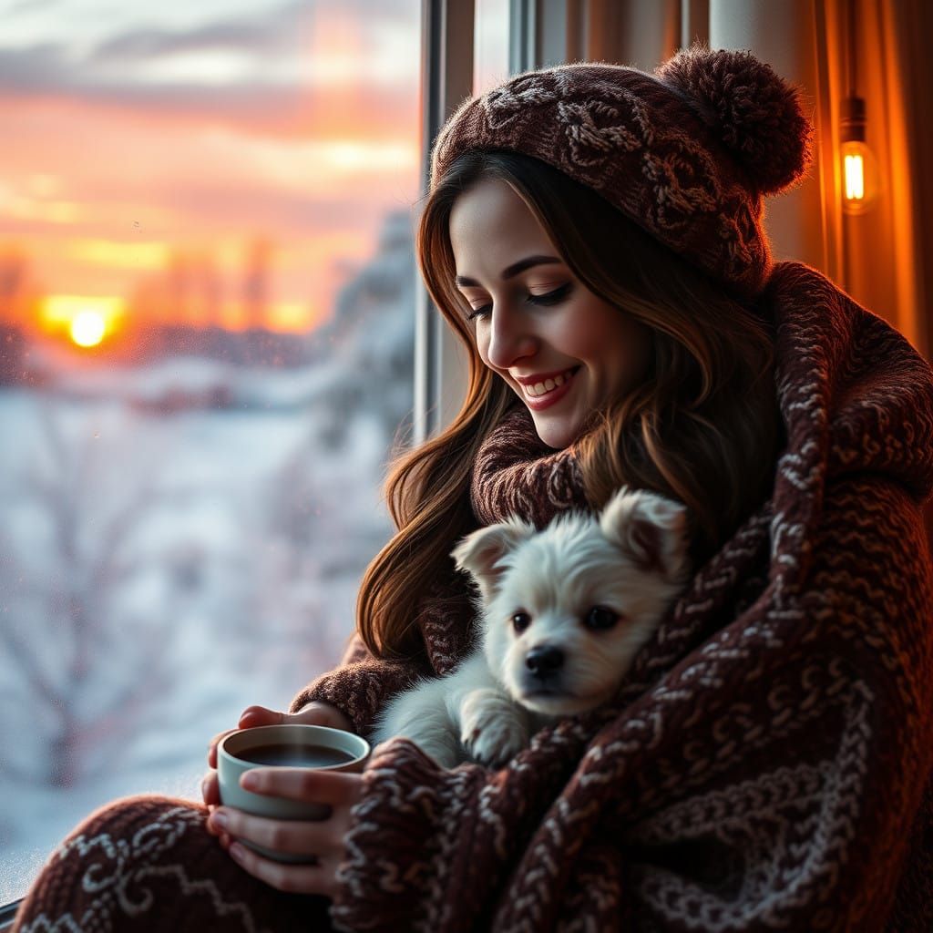Woman Sips Tea with Dog as Winter Sunset Bleeds Across the S...