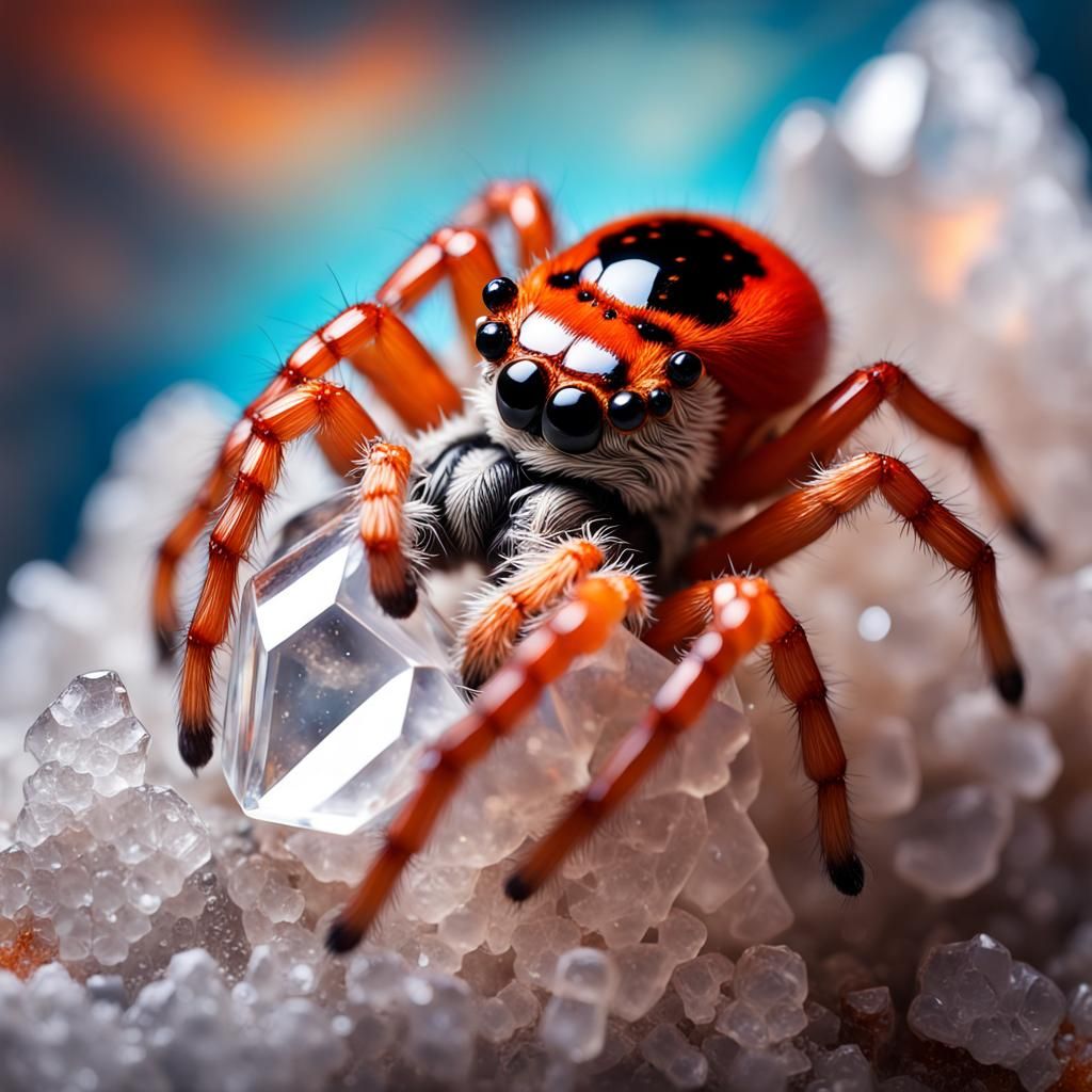 Jumping Spider on Quartz Crystal: Hyperrealistic Concept Art