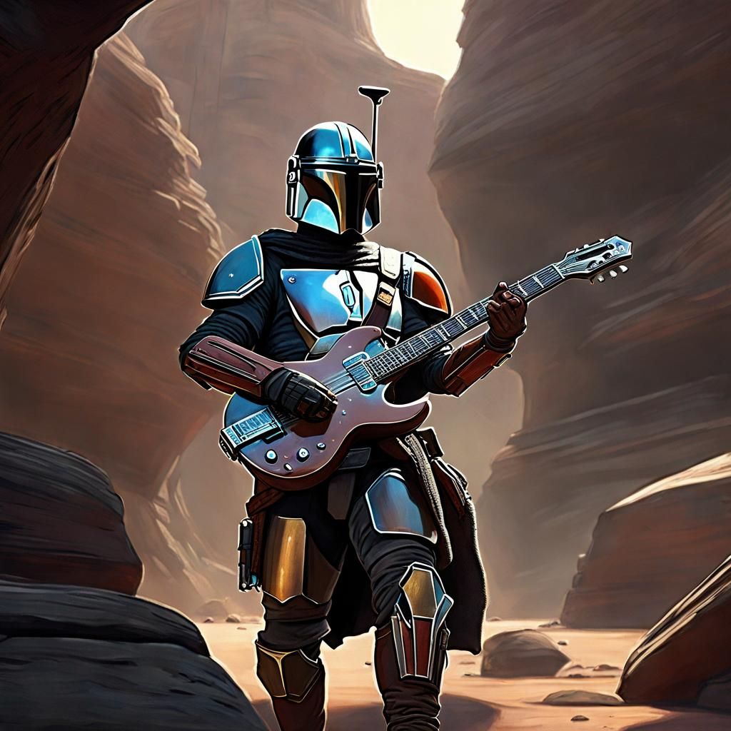 The Mandalorian Shreds on Guitar: A Digital Oil Painting