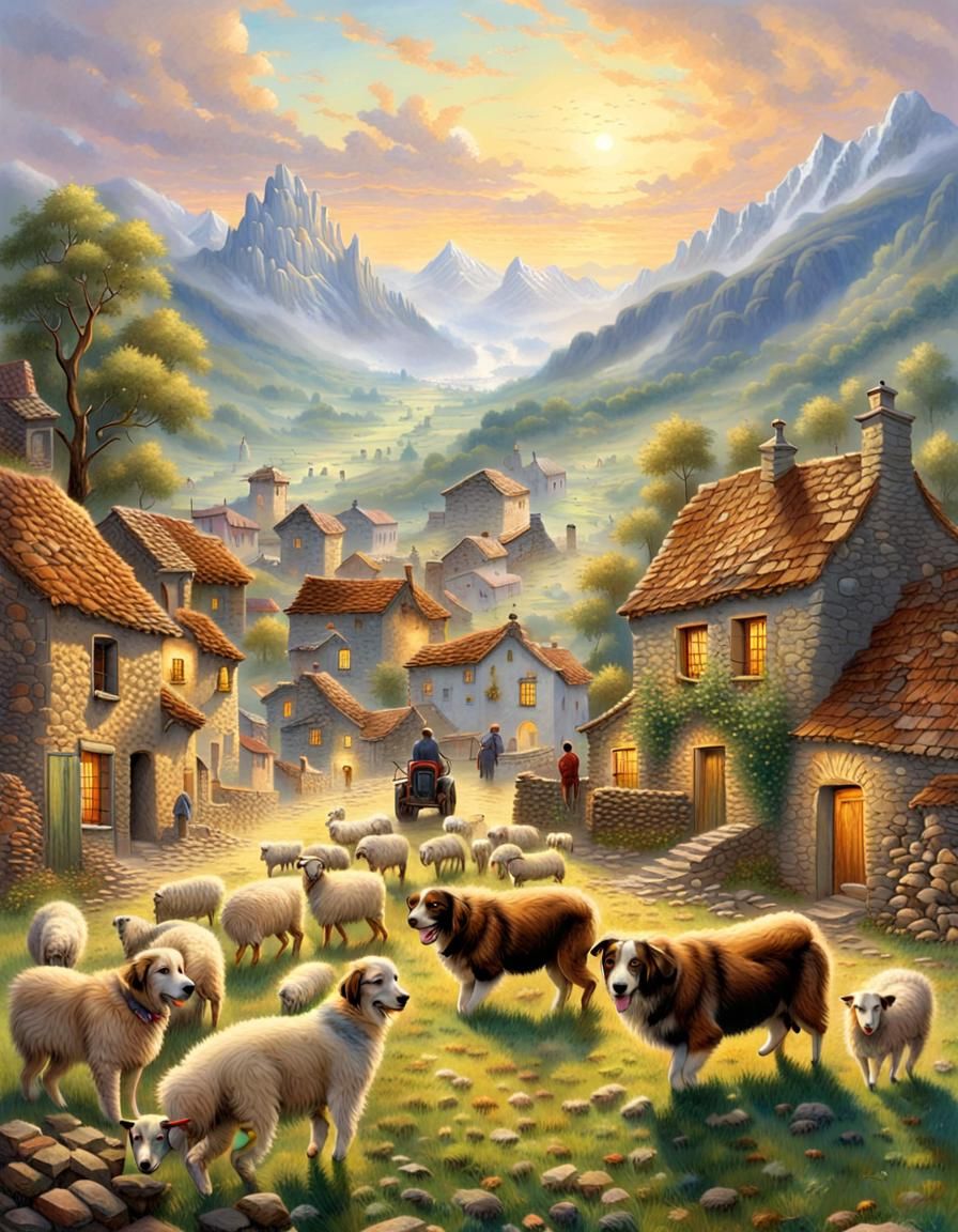 Pyrenees Mountain Village with Shepherd Dogs