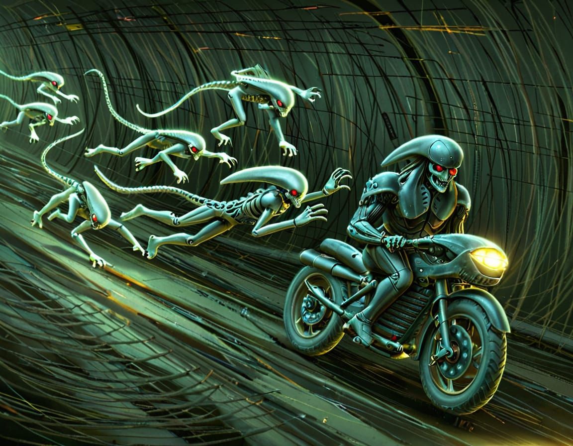 Predator Pursues Aliens in Dark Tunnel