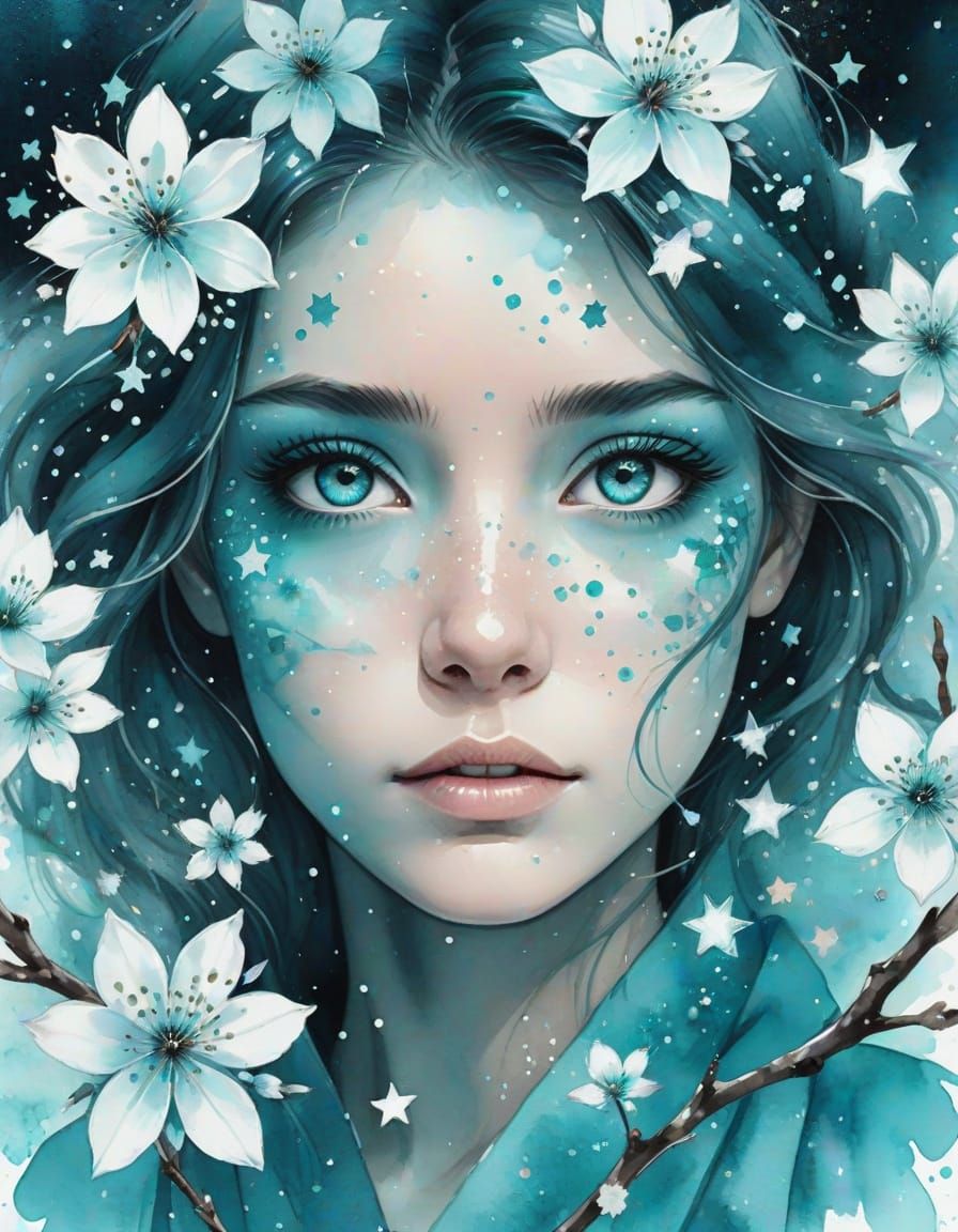 Aquamarine Eyes with Cherry Blossoms Watercolor Art