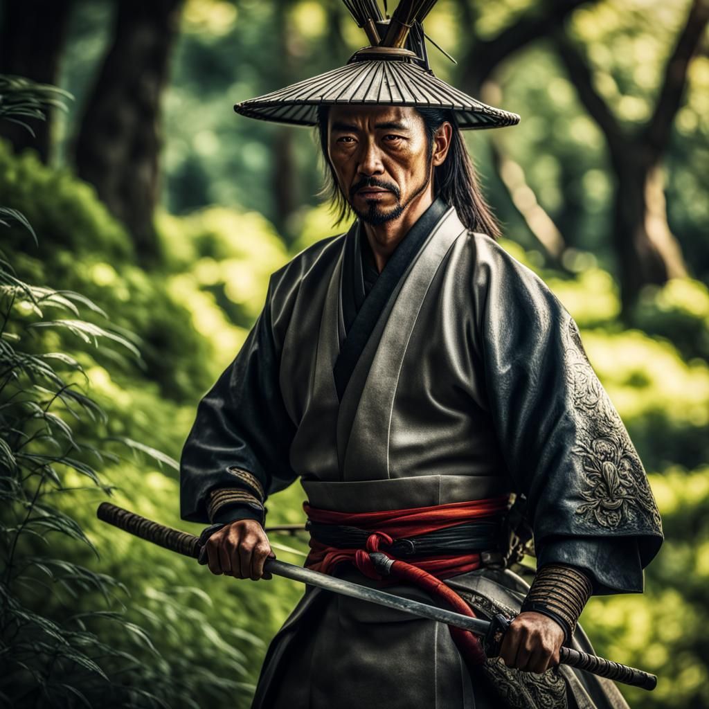 Detailed Samurai Portrait with Sun Rays