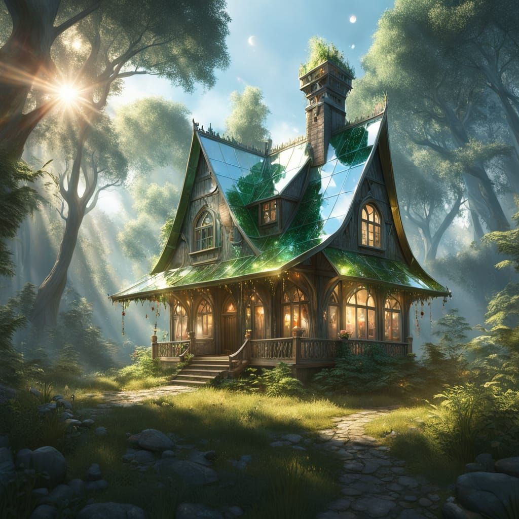 Transparent Crystal Cottage Floating in Ethereal Forest