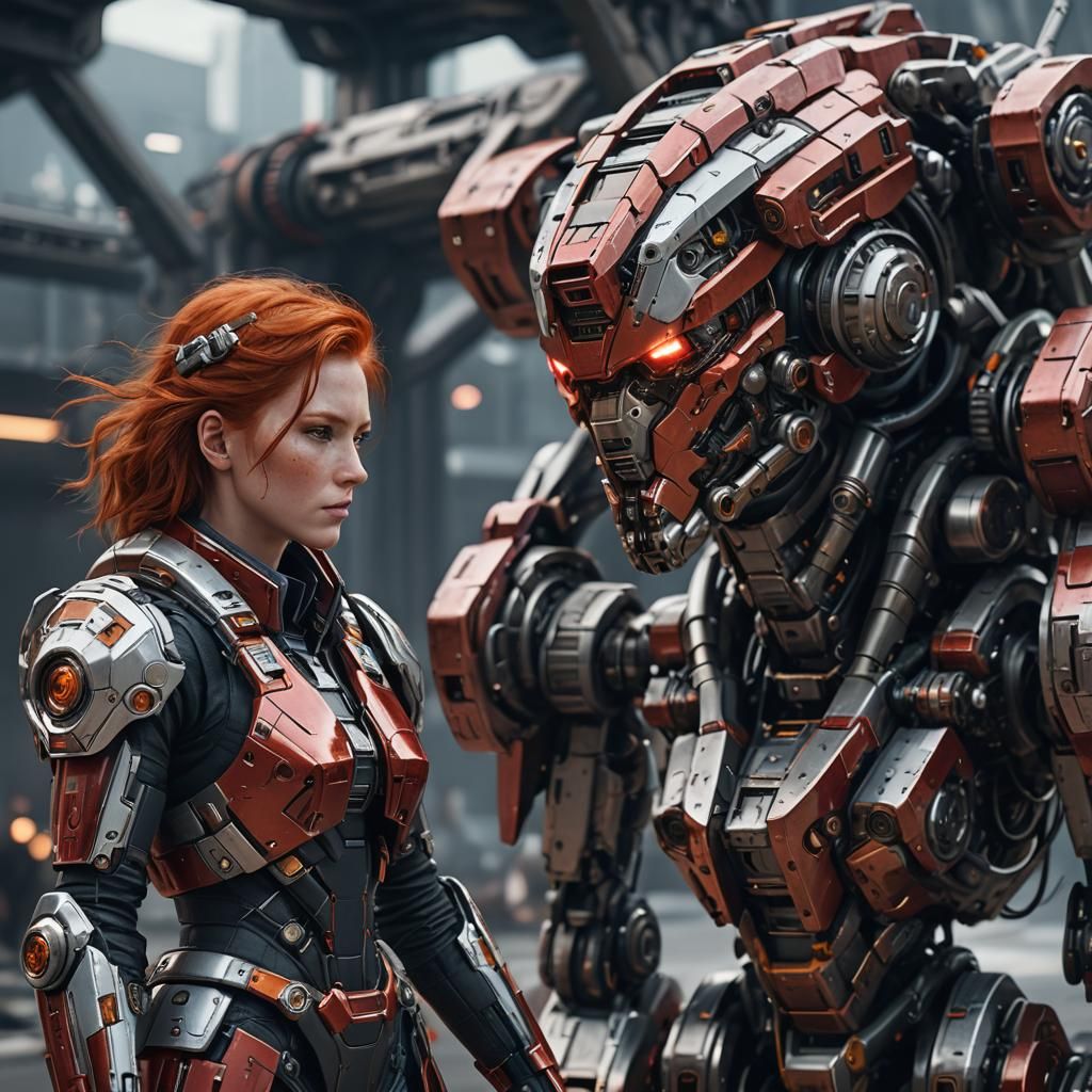Redhead Pilot Meets Mech in Detailed Sci-Fi Render