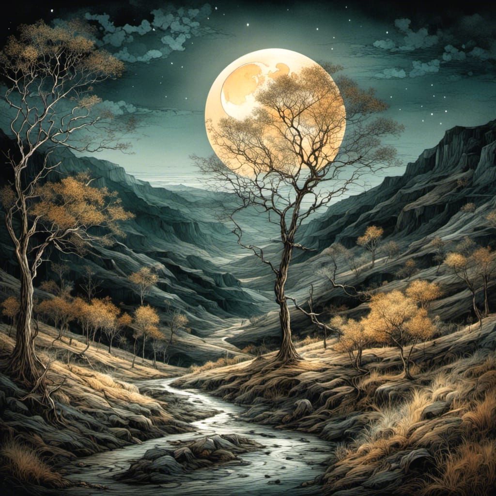Golden Tree Under Pale Moon in Valley