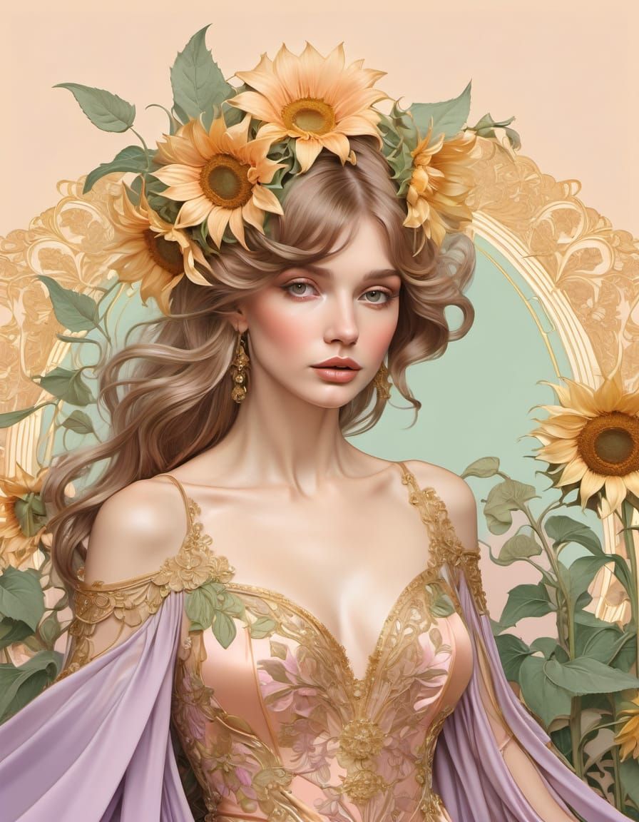 Ethereal Art Nouveau Actress in Golden Gown