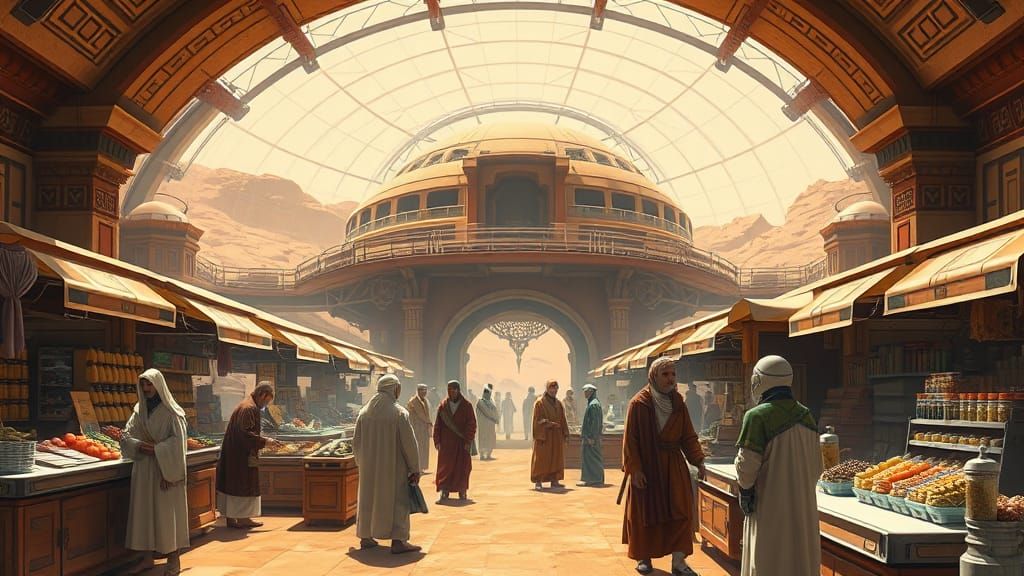Bustling Martian Marketplace in Syd Mead Style