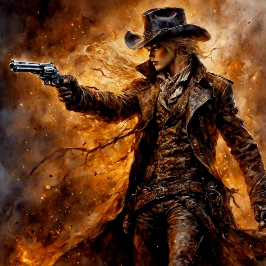 Dark Fantasy Blonde Gunslinger in Illustrative Style