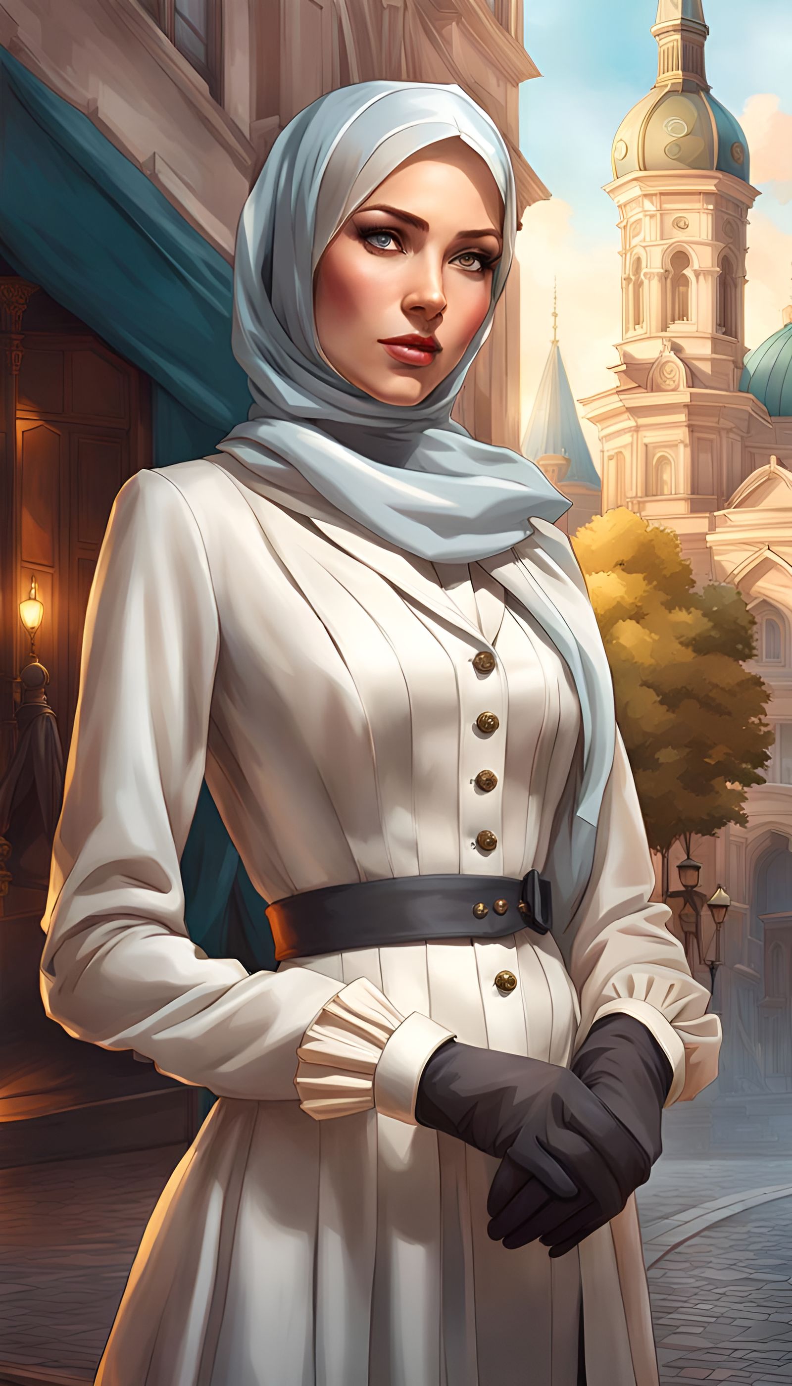 Victorian Woman in Modern City, Art Nouveau Portrait