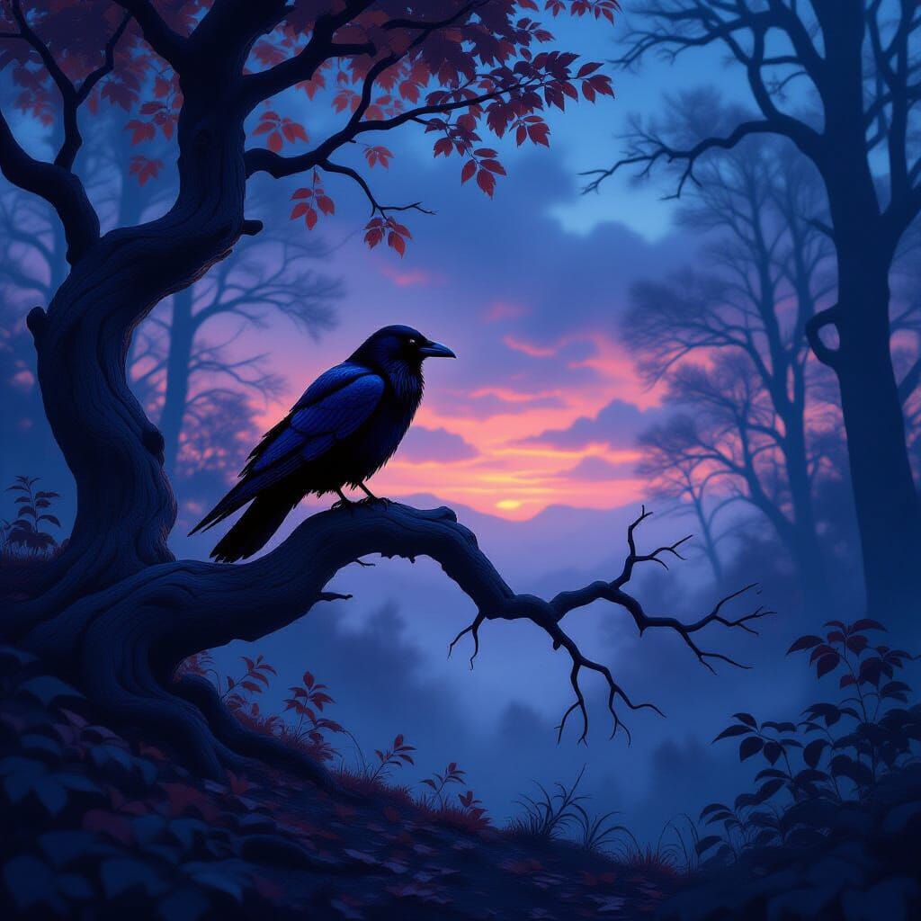Raven on Oak Branch at Twilight in Dark Fantasy Style