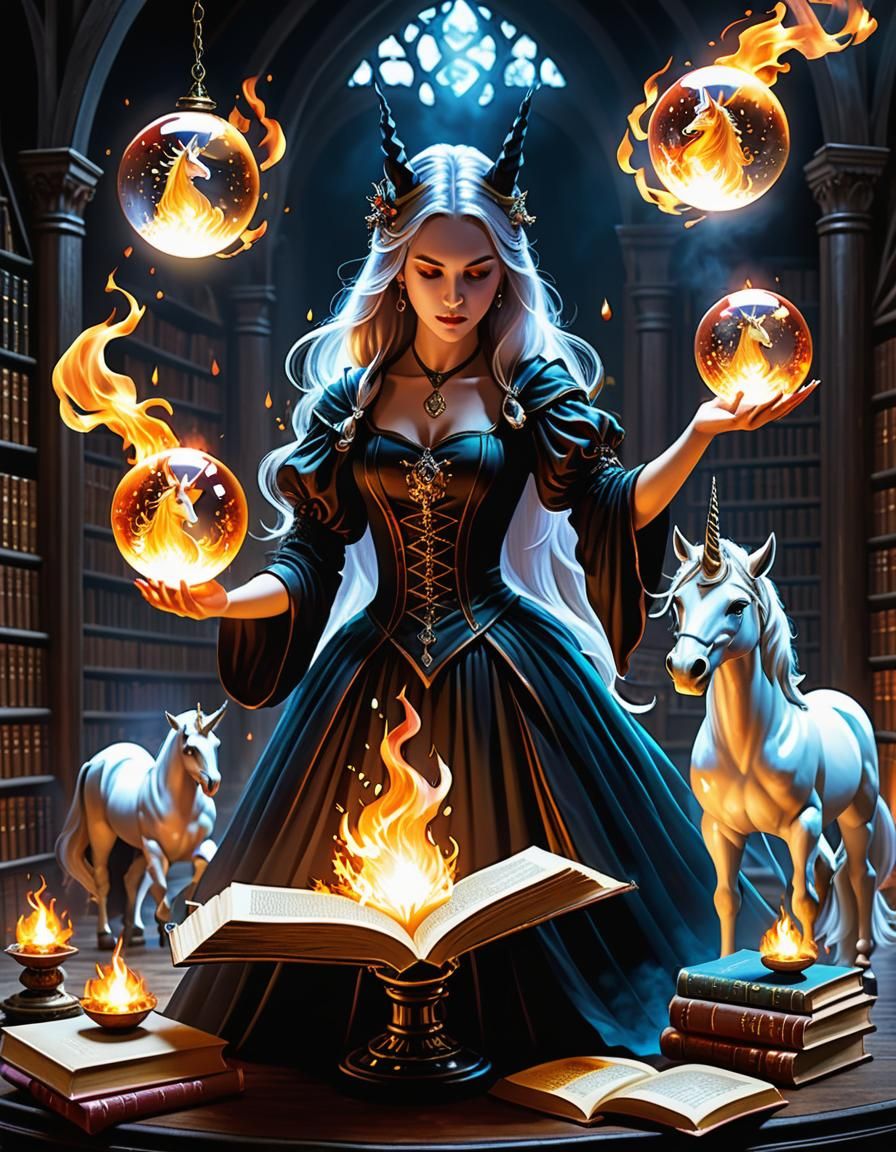 Witch with Orbs, Unicorn, and Burning Book