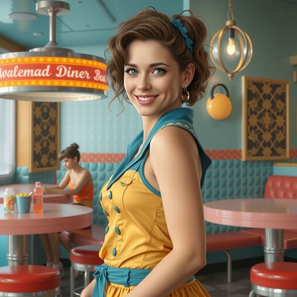 Athletic Diner Waitress with Angelic Face in Hyperdetailed P...