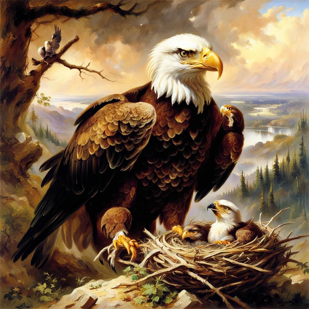 Eagle Feeding Young: Oil Painting Portrait