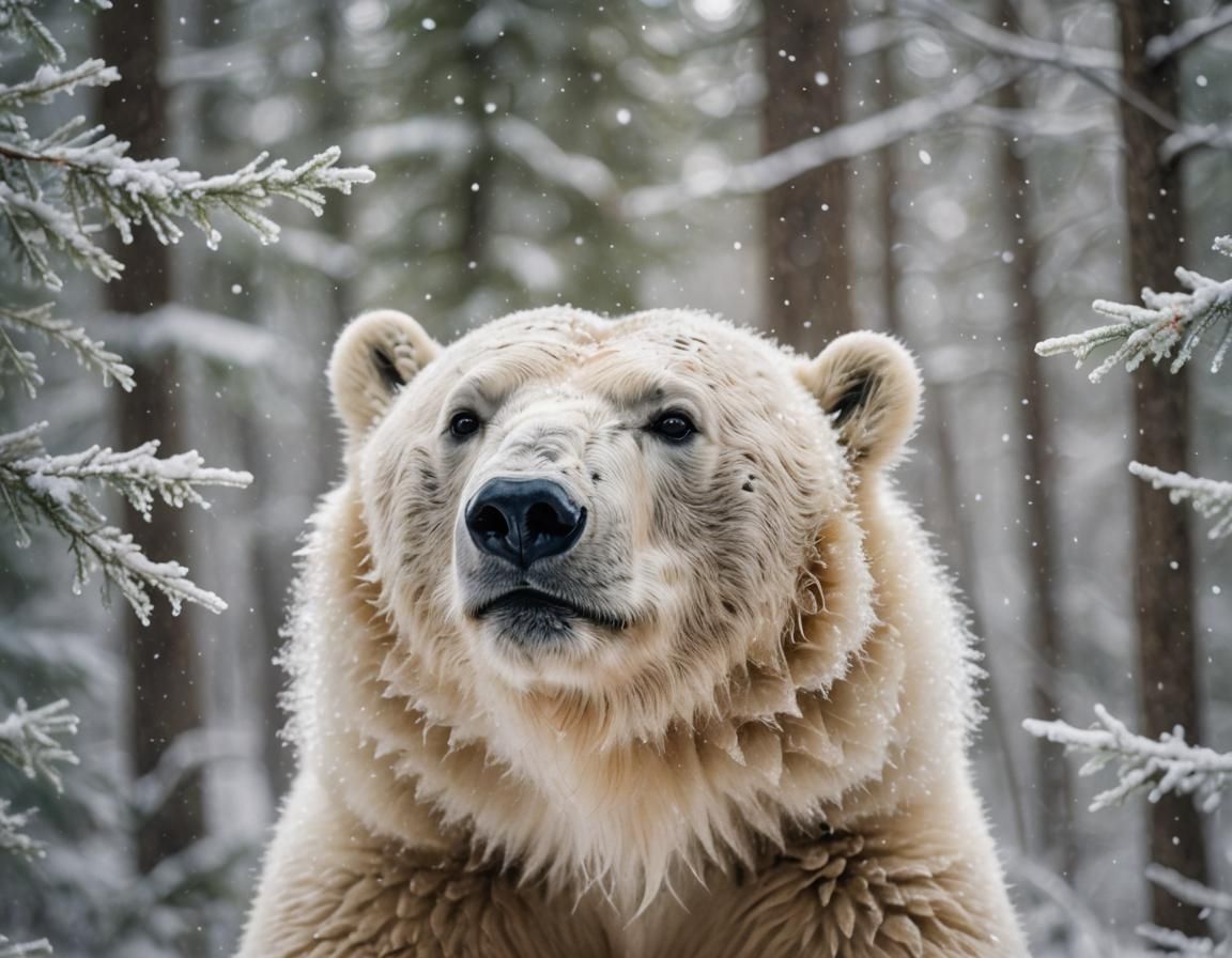 Whimsical Polar Bear Portrait in Snowy Winter Wonderland