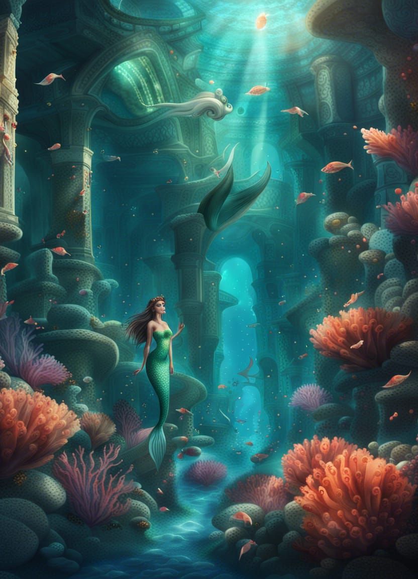 Underwater Mermaid in Atlantis Fantasy Scene