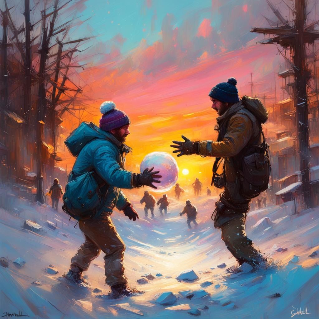 Colorful Snowball Fight at Sunset Painting