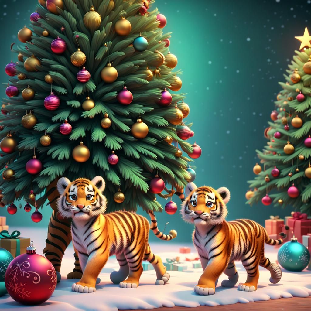 Siberian Tiger Cubs Explore Christmas Tree: 3D Digital Art