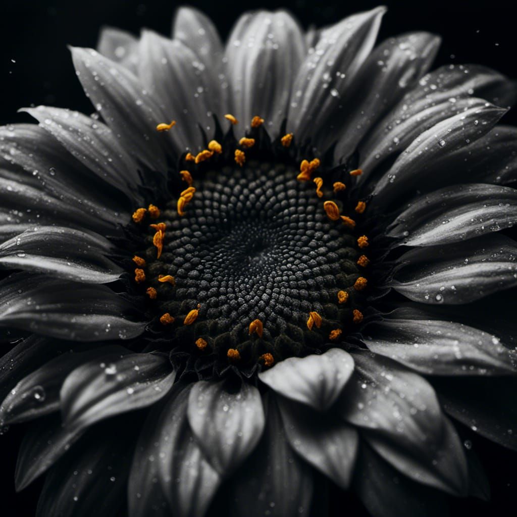 Monochrome Sunflower with Yellow Petals, Macro Photography