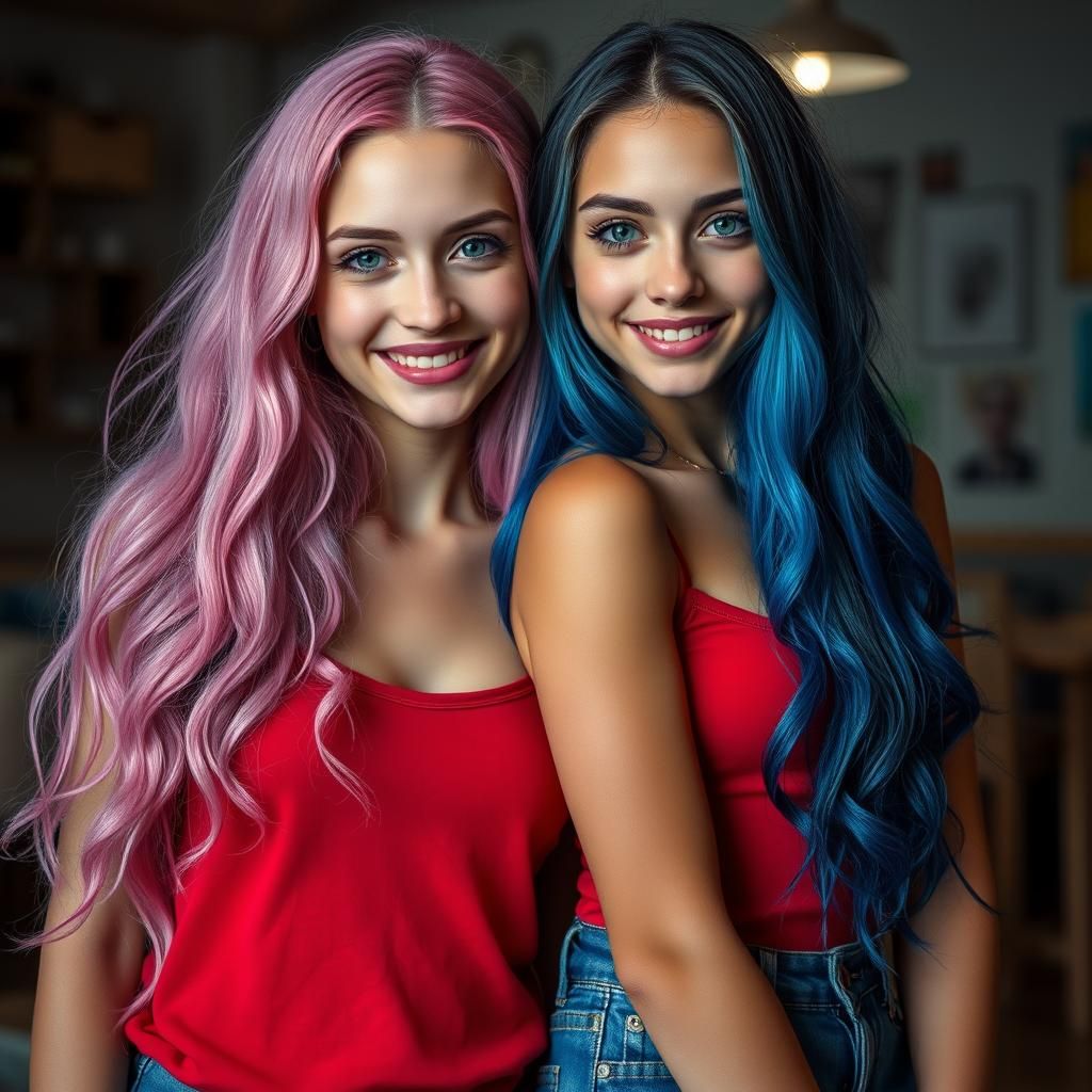 Twin Sisters with Pink and Blue Hair, Hyperrealistic Photo