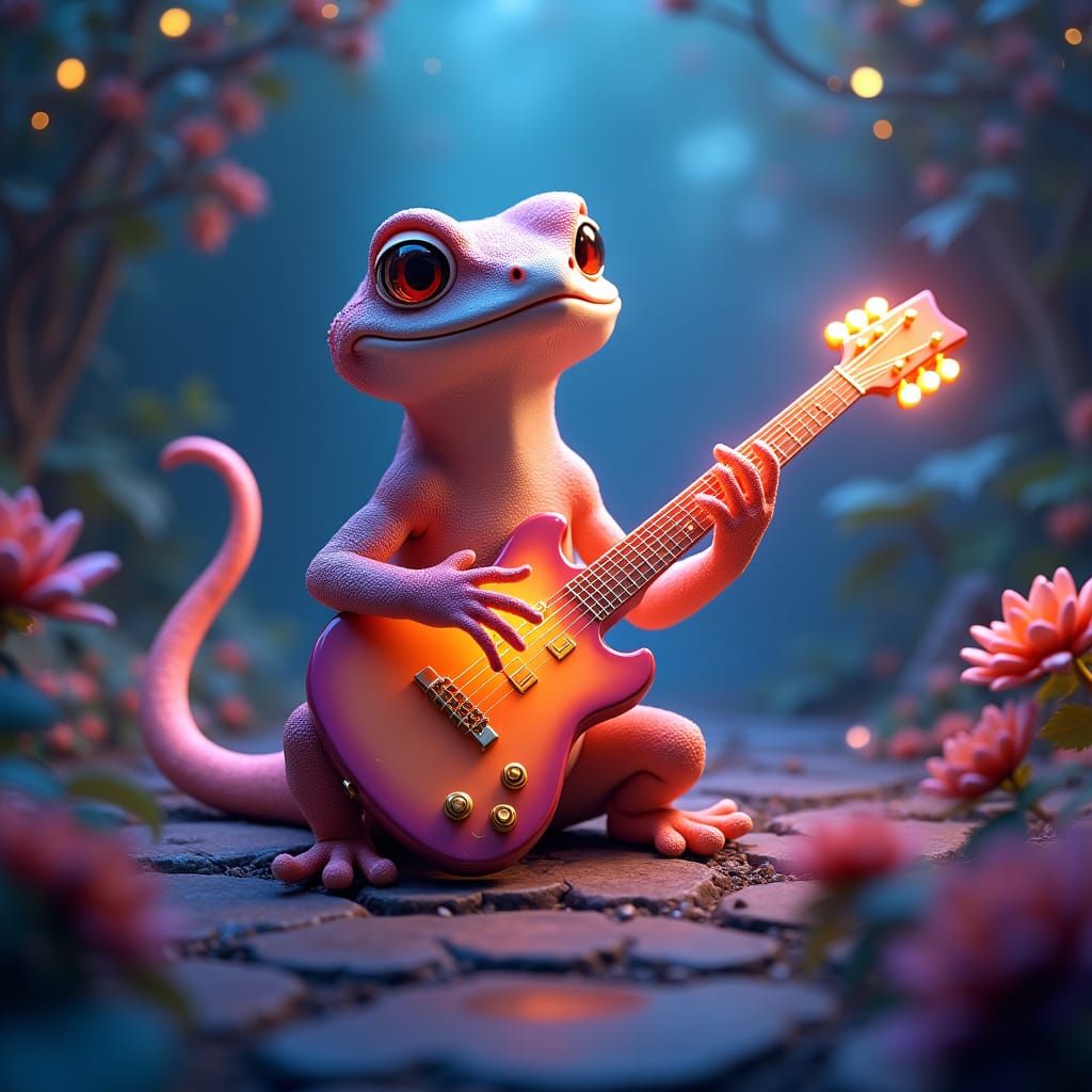 Gecko Strums Ethereal Guitar in Mystical Realm
